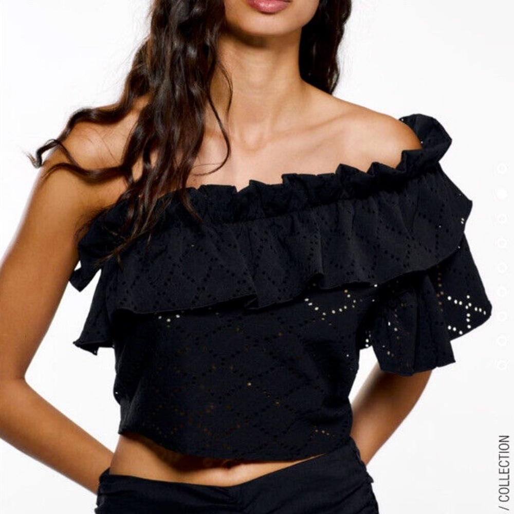 Zara One Shoulder Eyelet Ruffle Top Black Large Stretchy